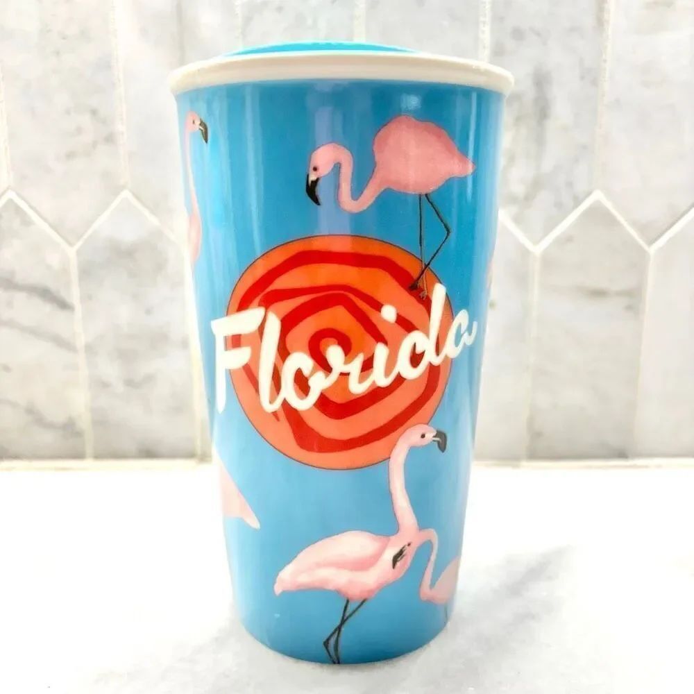 Rare Vintage Starbucks 2015 Florida Flamingos Dot Collection Ceramic Tumbler Blu